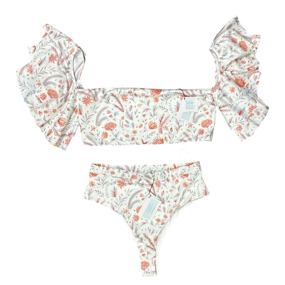 By Egreis Floral Bikini Set Ruffle Sleeve High Waist XL Top ; L Bottoms NWT Boho